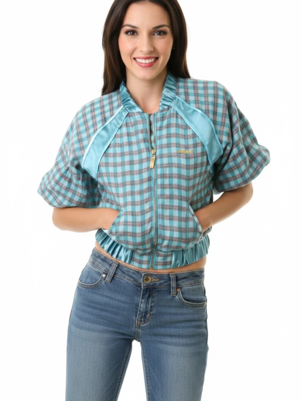 NEW APPLE BOTTOMS Y2K Light SUMMER Plaid satin trim Crop Jacket Bomber XL